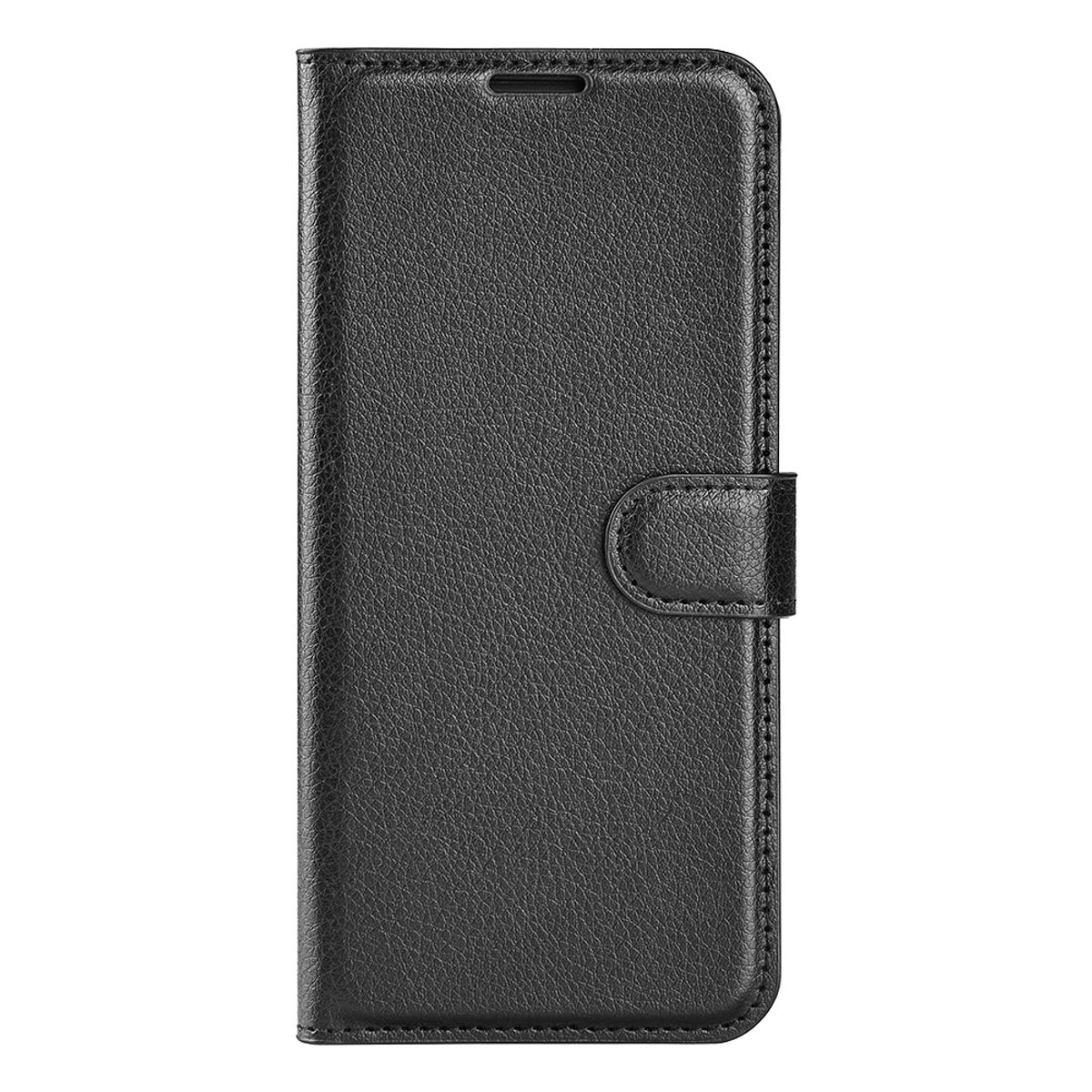 Schwarze Leder-Handyhülle. Zeigt die Vorderseite der geschlossenen Hülle mit einfachem Design.