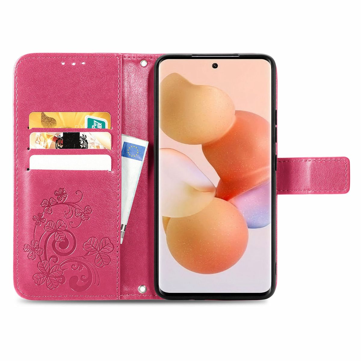 Rosa Handyhülle mit Kartenfächern. Ein Telefon ist in der Hülle, Karten in den Fächern.