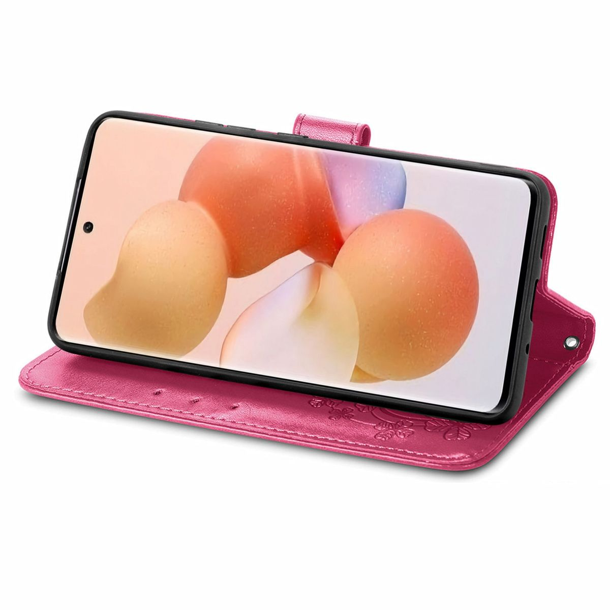 Telefon in rosa Lederhülle. Die Hülle ist geöffnet. Der Bildschirm zeigt orange und weiße Flecken.