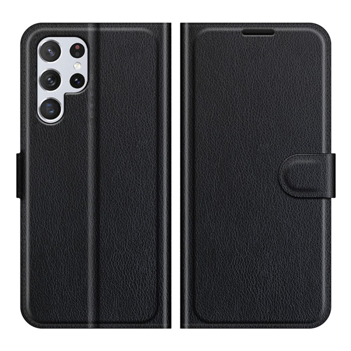 Schwarze Telefonhülle geschlossen. Vorder- und Rückseite der Hülle sichtbar. Einfache schwarze Lederstruktur.