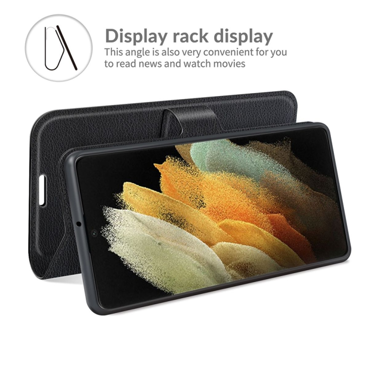 Schwarze Handyhülle offen, Telefon darin. Das Telefon ist auf weißem Hintergrund und wird angezeigt.