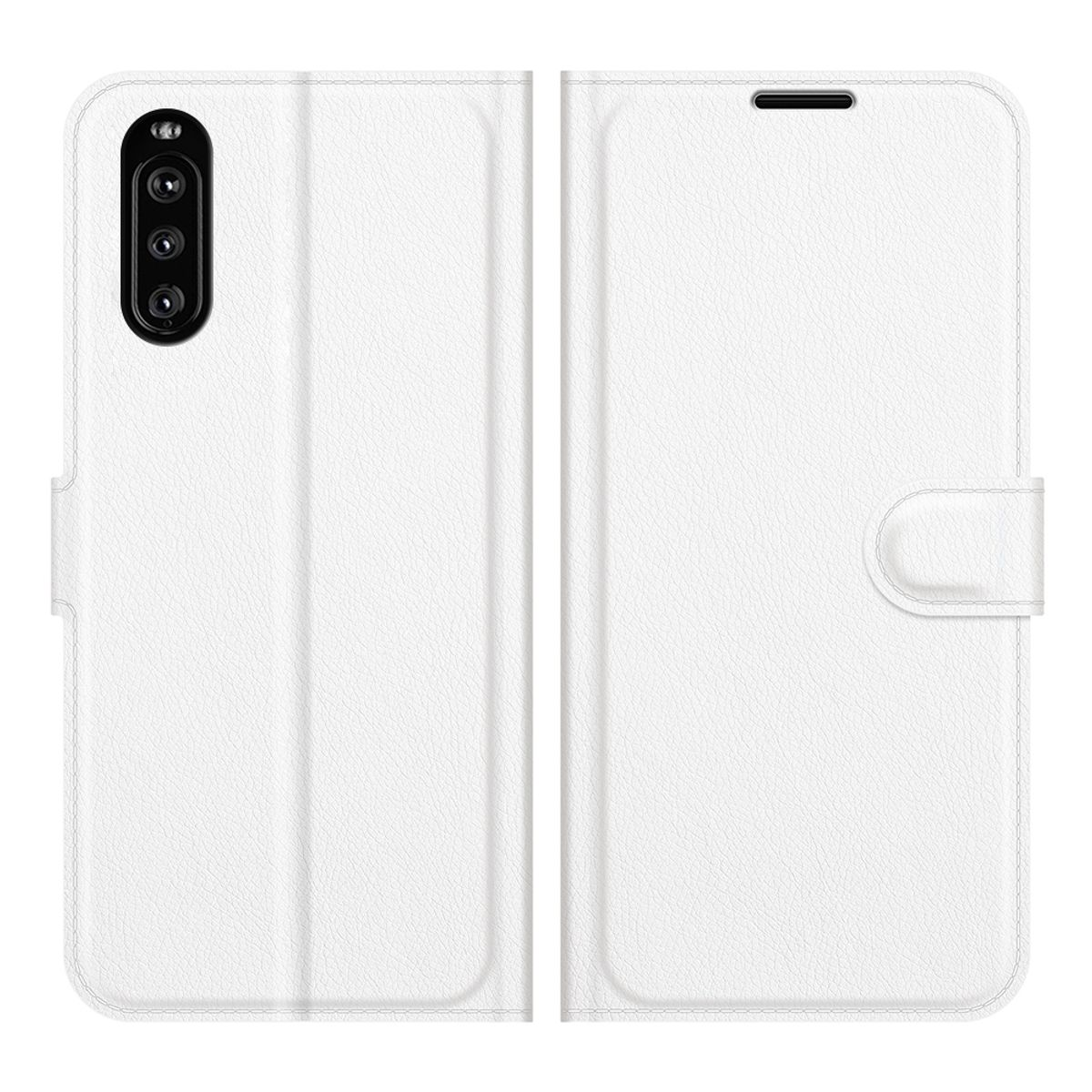 Weiße Handy-Brieftasche, geschlossen. Telefonkamera links sichtbar. Weißer Hintergrund.