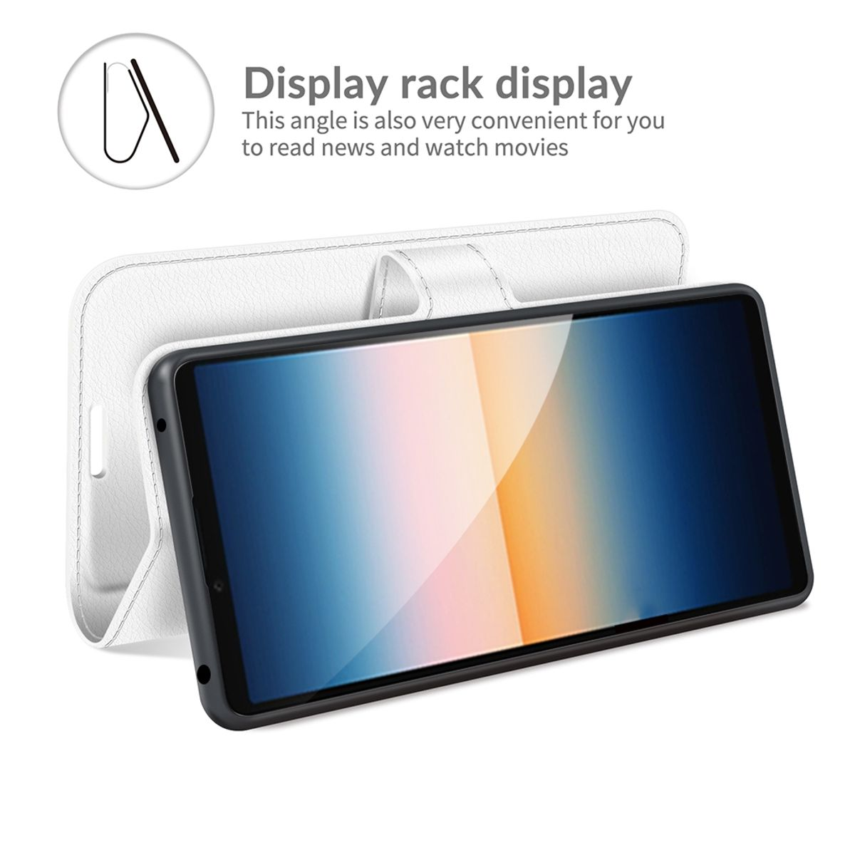 Weiße Handyhülle mit Telefon, als Display-Rack gezeigt. Das Telefon befindet sich auf weißem Hintergrund.
