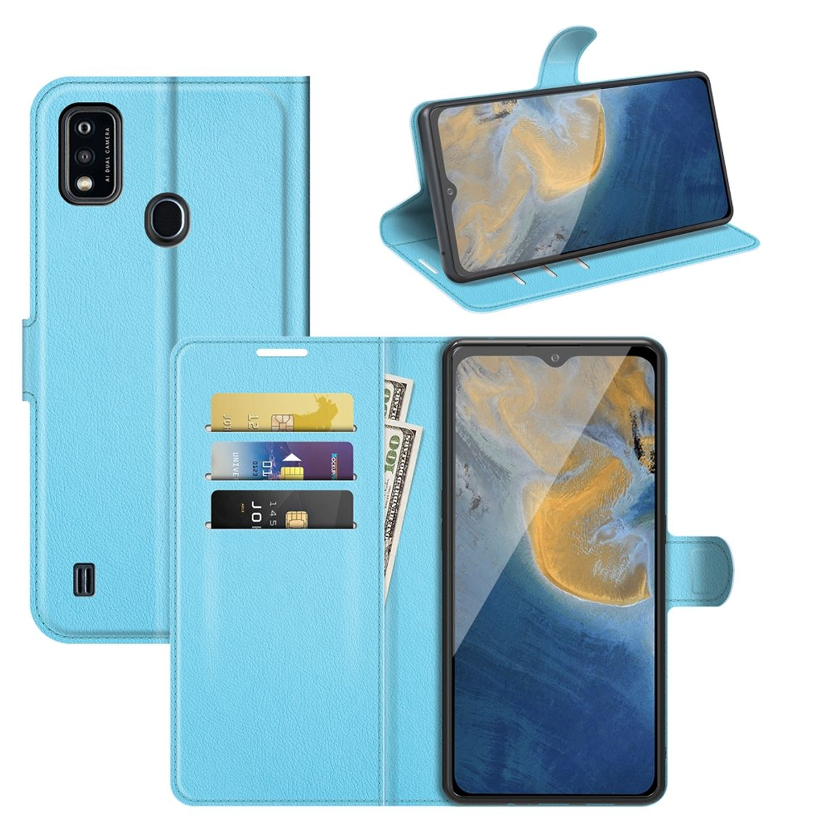 Blaue Handyhülle, mehrere Ansichten, offen und geschlossen, mit Brieftaschenfunktion.