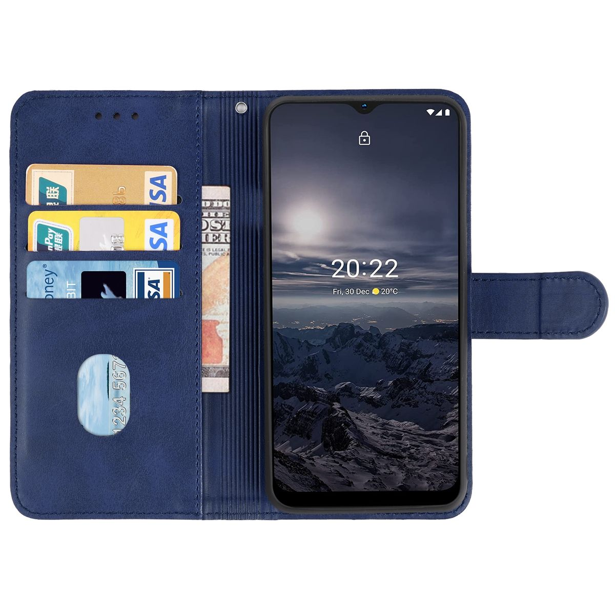Blaue Handyhülle offen, mit Karten und Telefon. Weißer Hintergrund.
