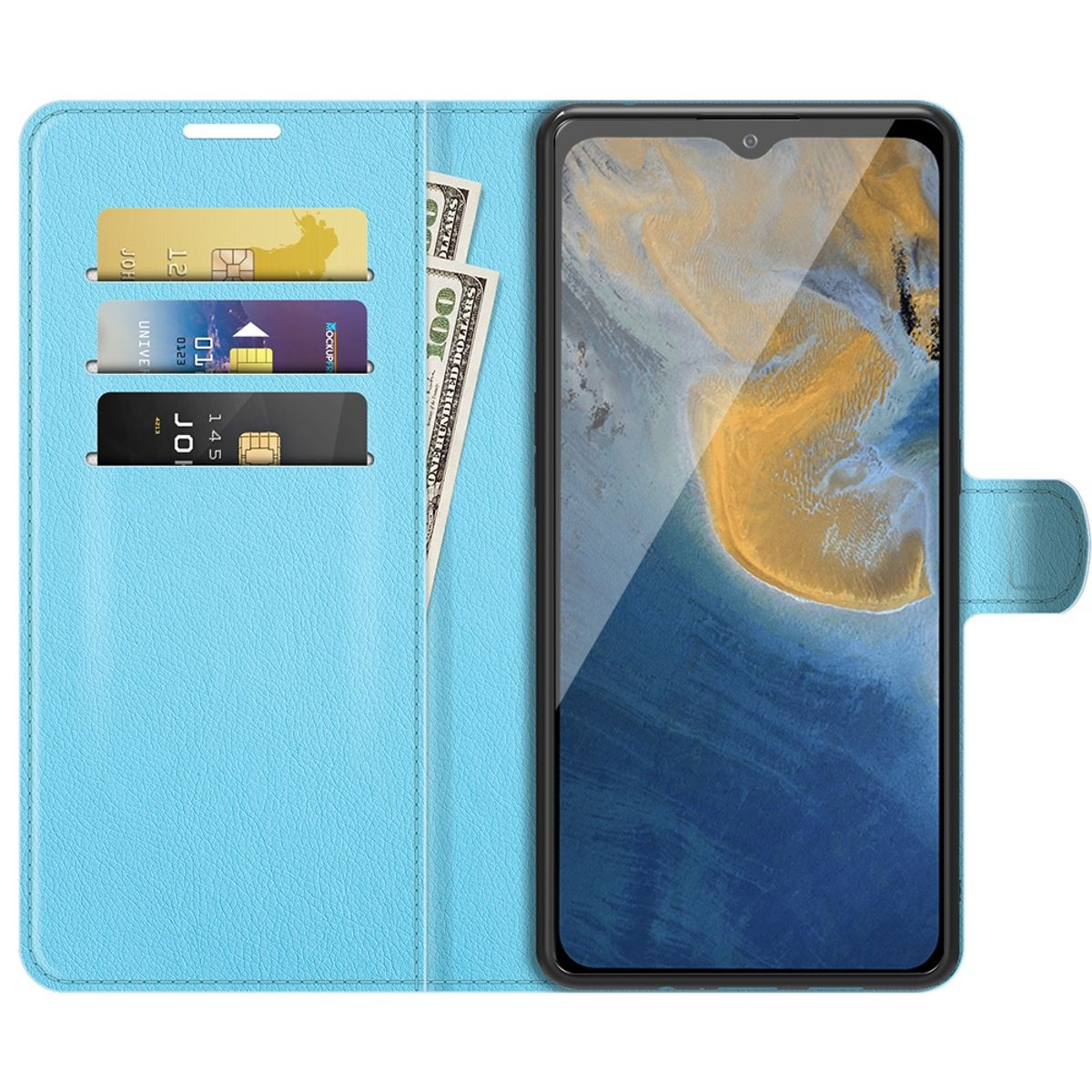 Blaue Handyhülle mit Karten, Geld und einem Telefon mit Pfirsichfarbe.