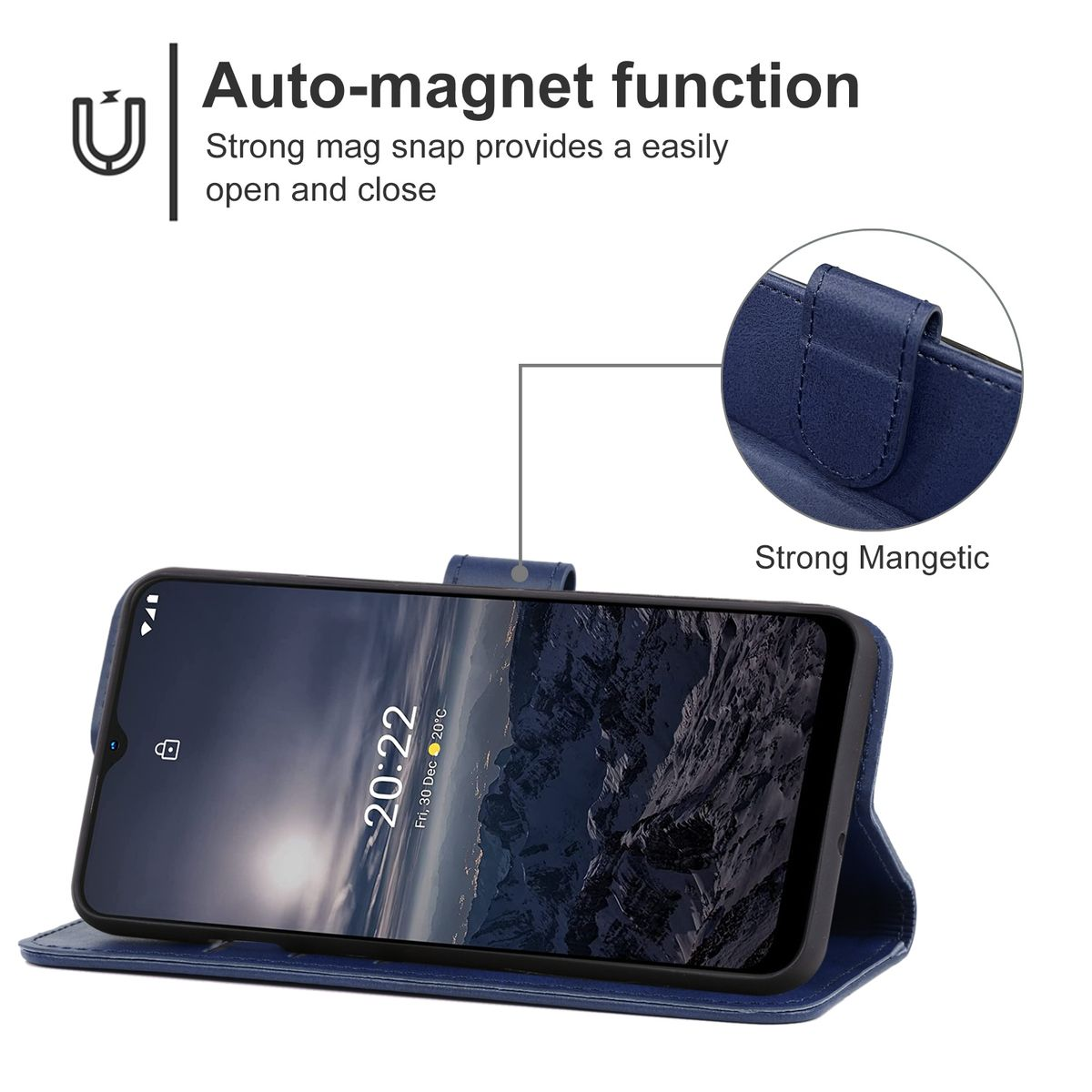 Blaue Handyhülle geöffnet mit Telefon, das die Zeit anzeigt. Text: Auto-Magnetfunktion.