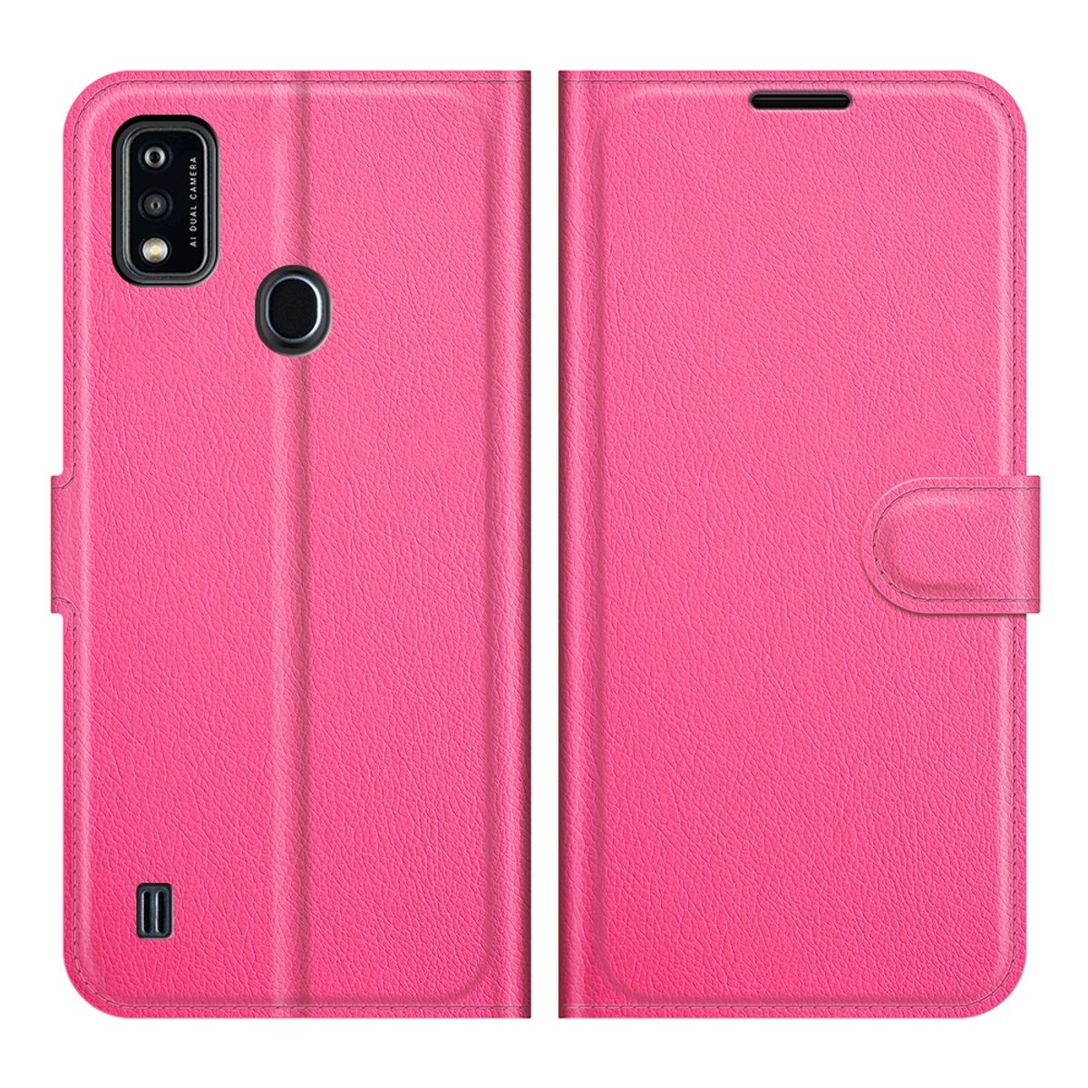 Rosa Handyhülle offen, mit Telefon, weißer Hintergrund.