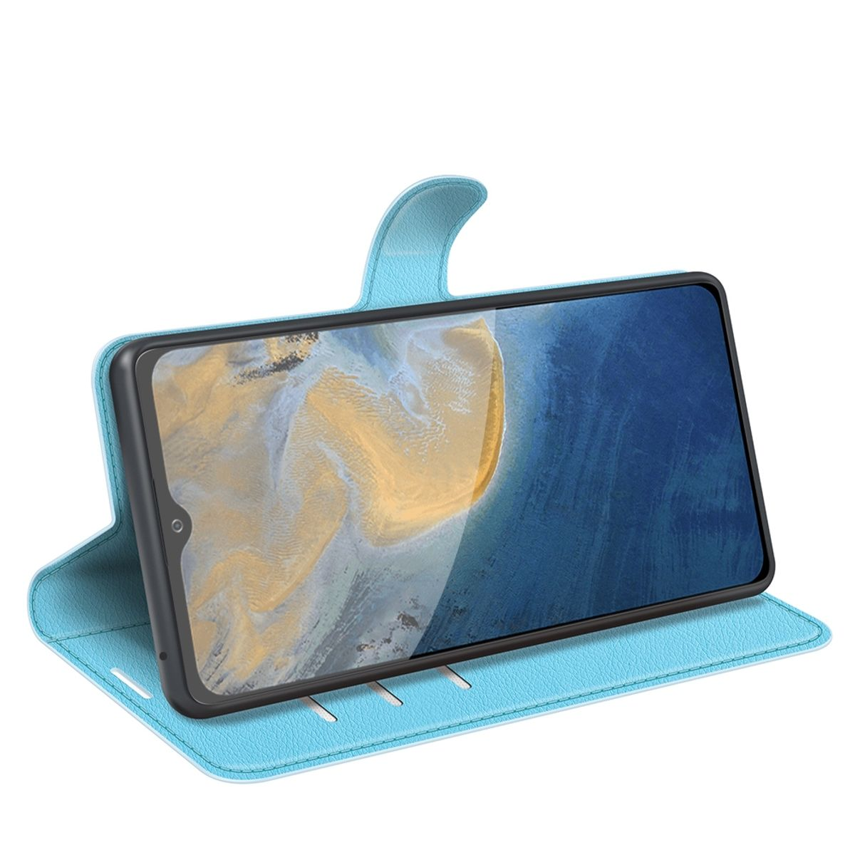 Blaue Handyhülle mit Telefon. Der Bildschirm zeigt ein hellblaues und gelbes Design. Die Hülle ist offen.