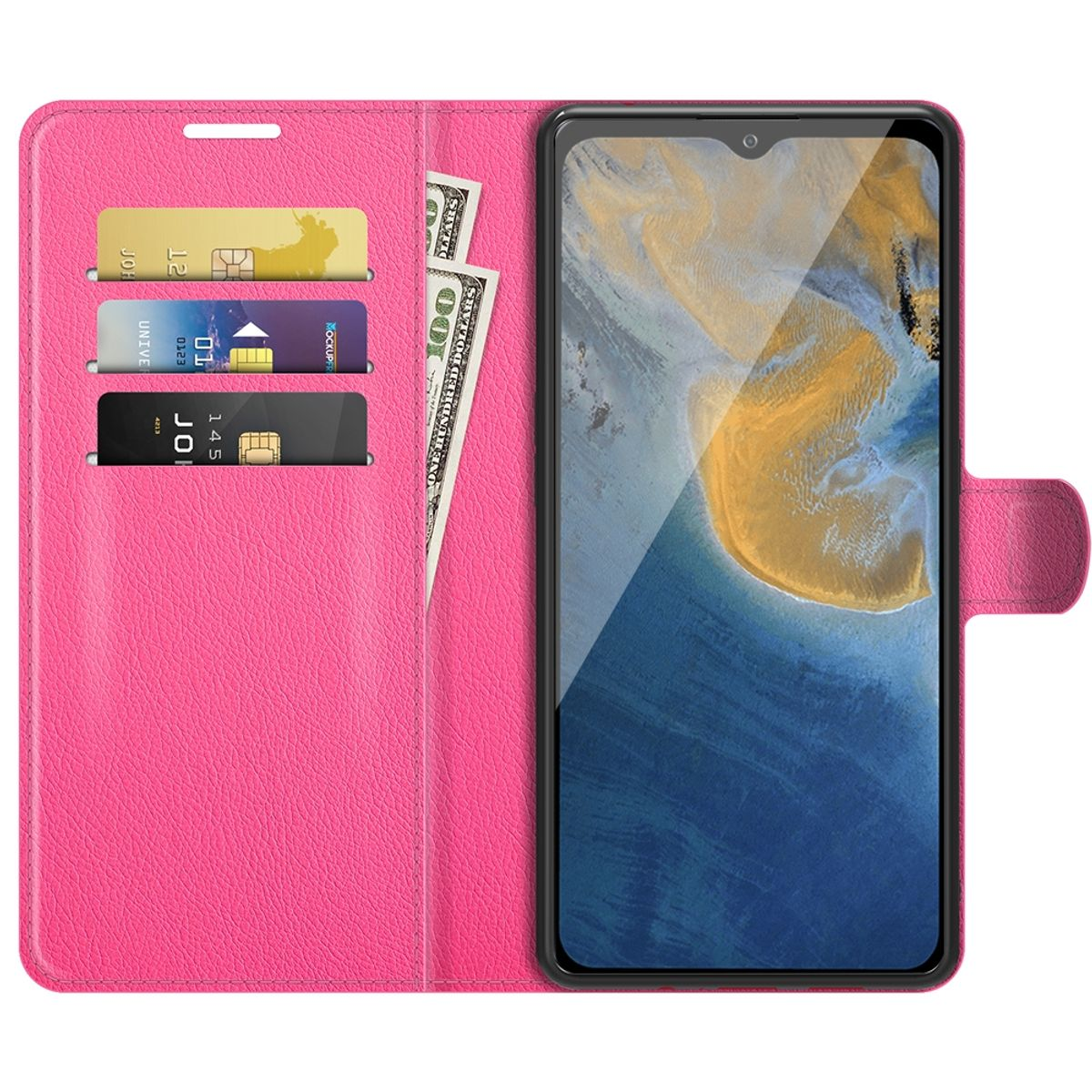 Rosa Handyhülle offen mit Karten und Telefon darin. Sie hat Kartenfächer.