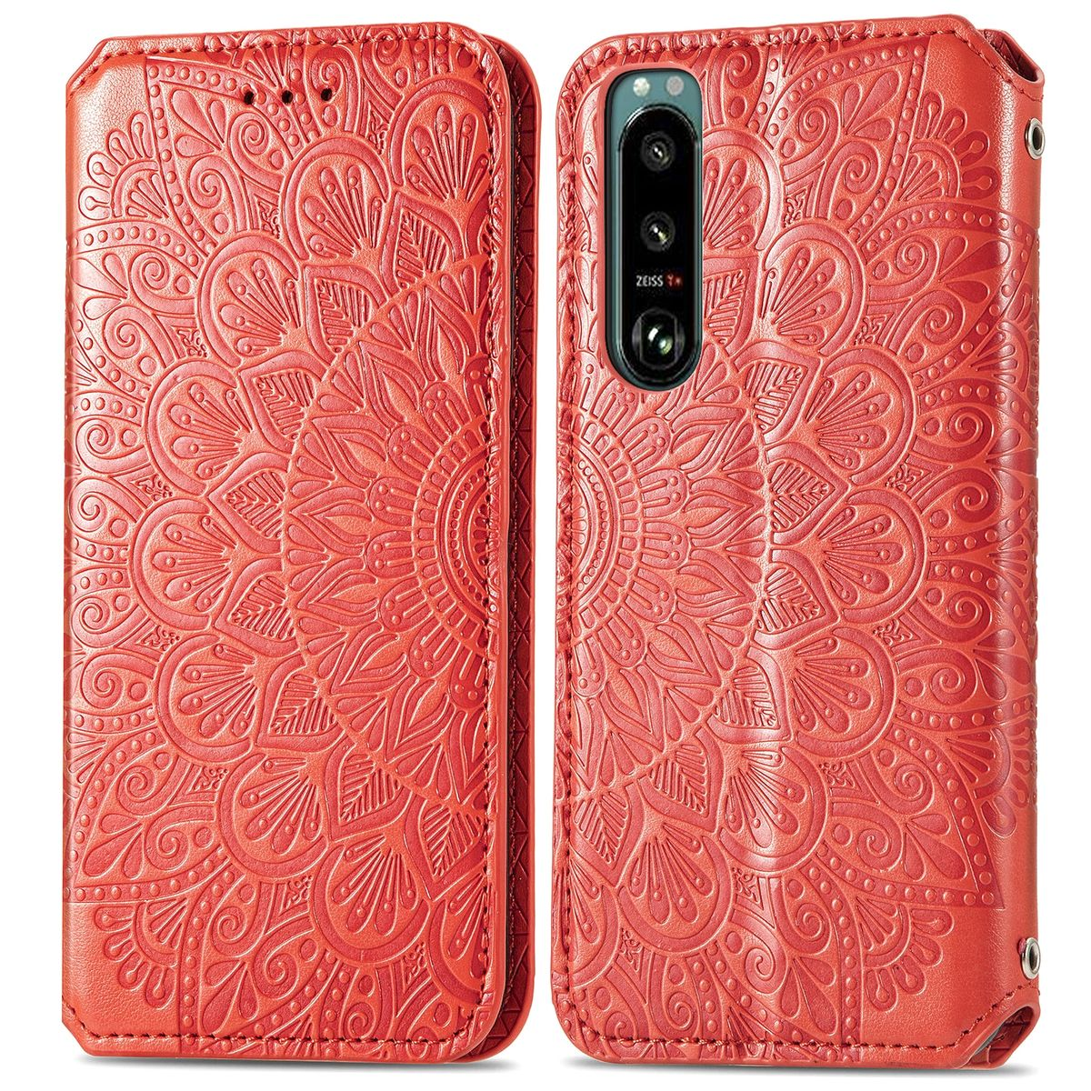 Rote Handyhülle mit Mandala-Design, offene und geschlossene Ansicht. Detailliertes Blumenmuster.