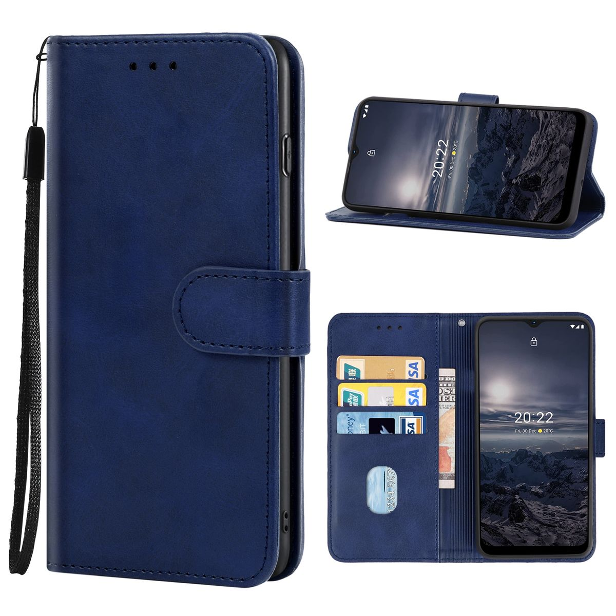 Blaue Handyhülle mit Telefon und Karten. Mehrere Ansichten. Telefon zeigt Zeit, Datum. Karten in Schlitzen. Bläulich lederartig.