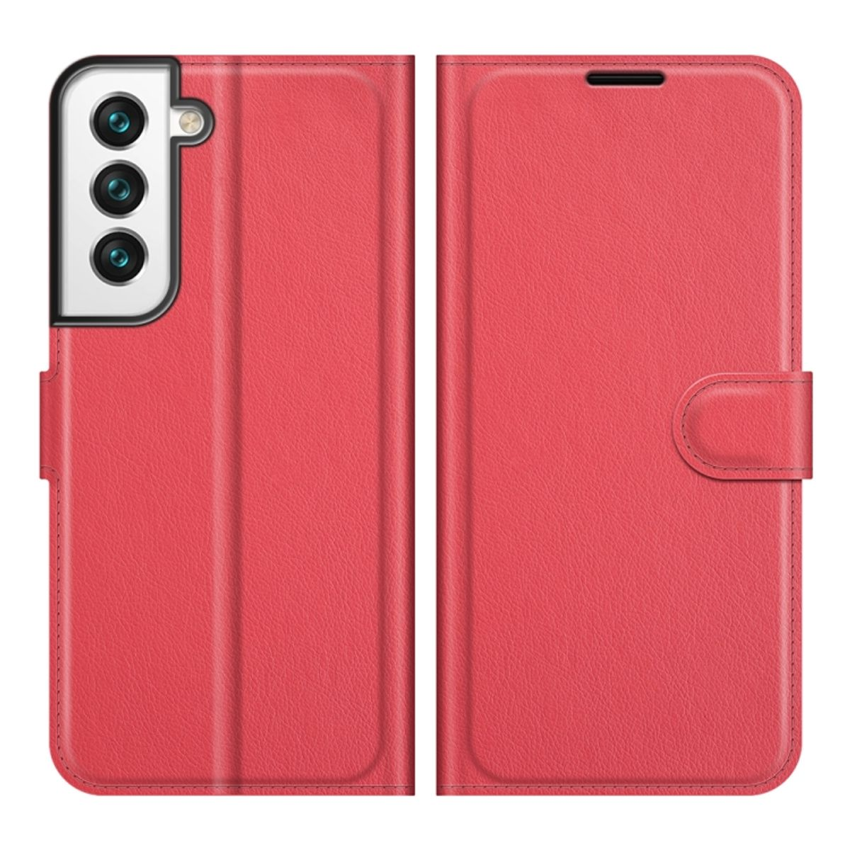 Rote Handyhülle mit einem Telefon darin. Die Hülle ist geschlossen. Der Hintergrund ist rot.