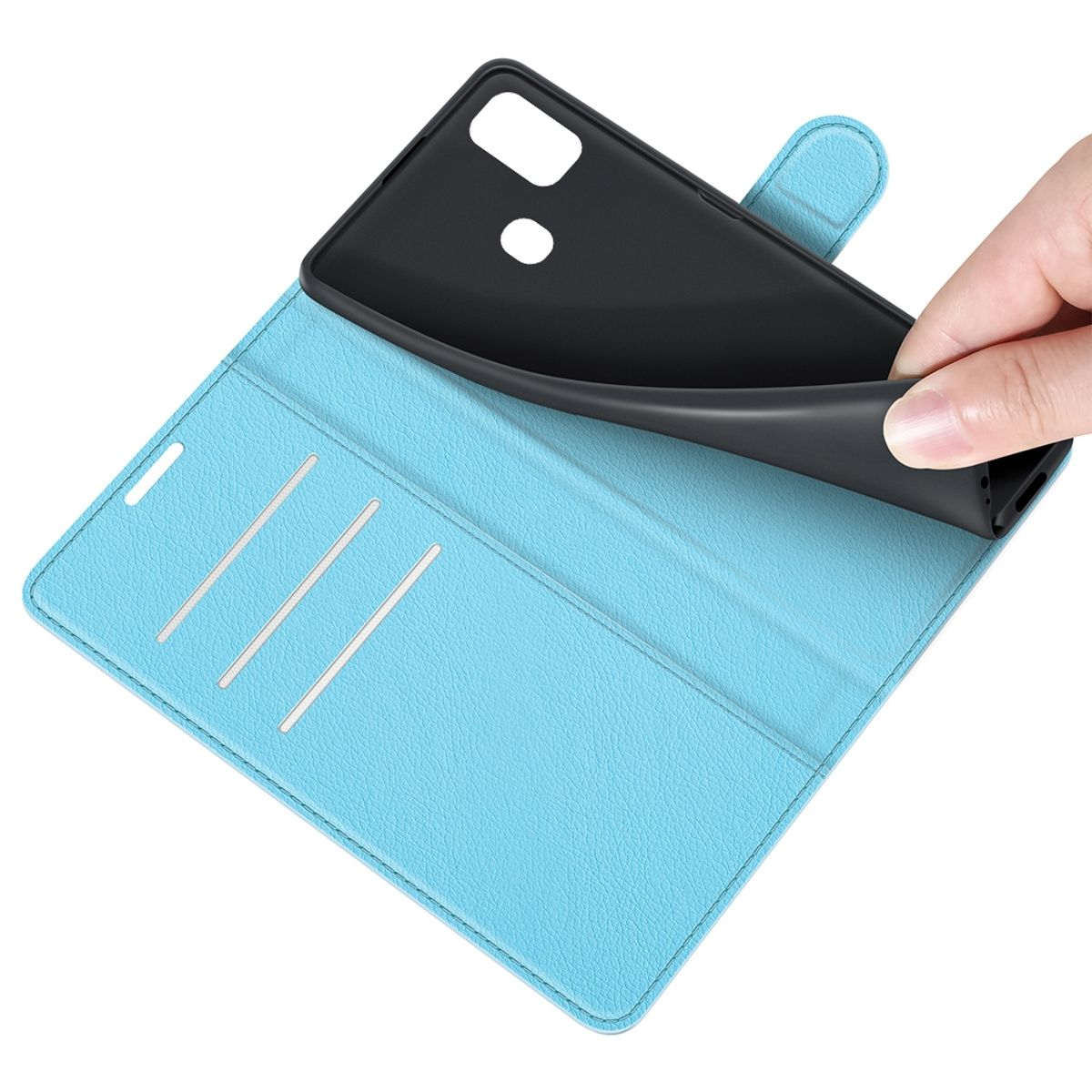 Blaue Handyhülle offen, Hand zieht schwarzes Telefon. Hülle hat Kartenfächer.