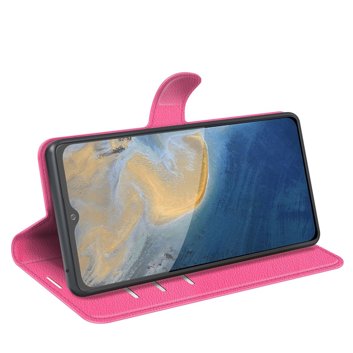 Eine pinke Handyhülle, die ein Telefon mit Bildschirm hält.