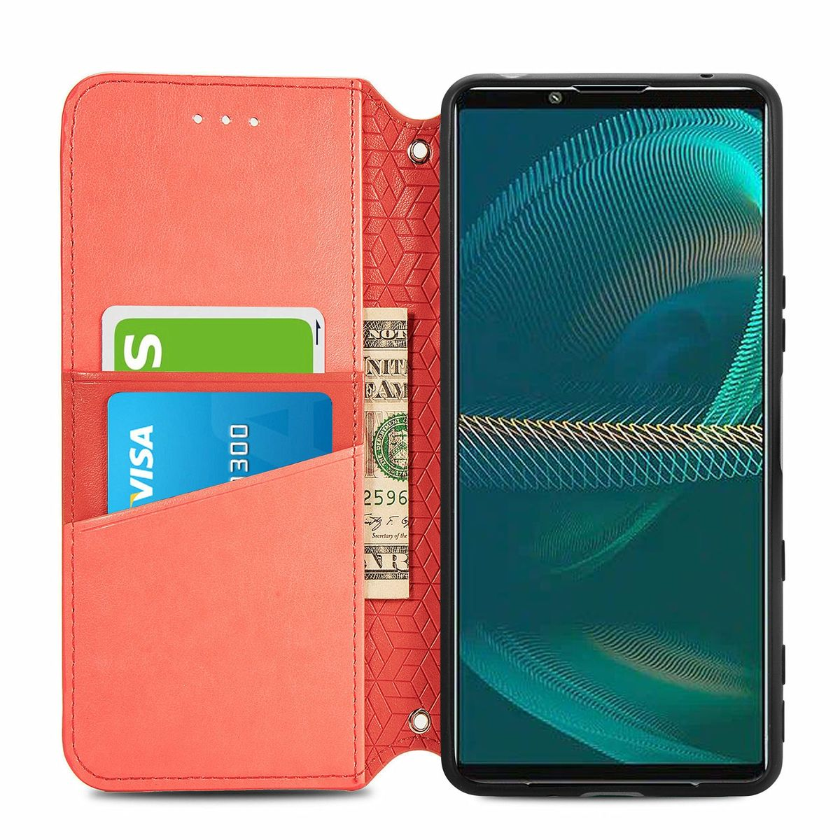 Rote Handyhülle geöffnet, mit Karten, Geld und einem Telefon darin.