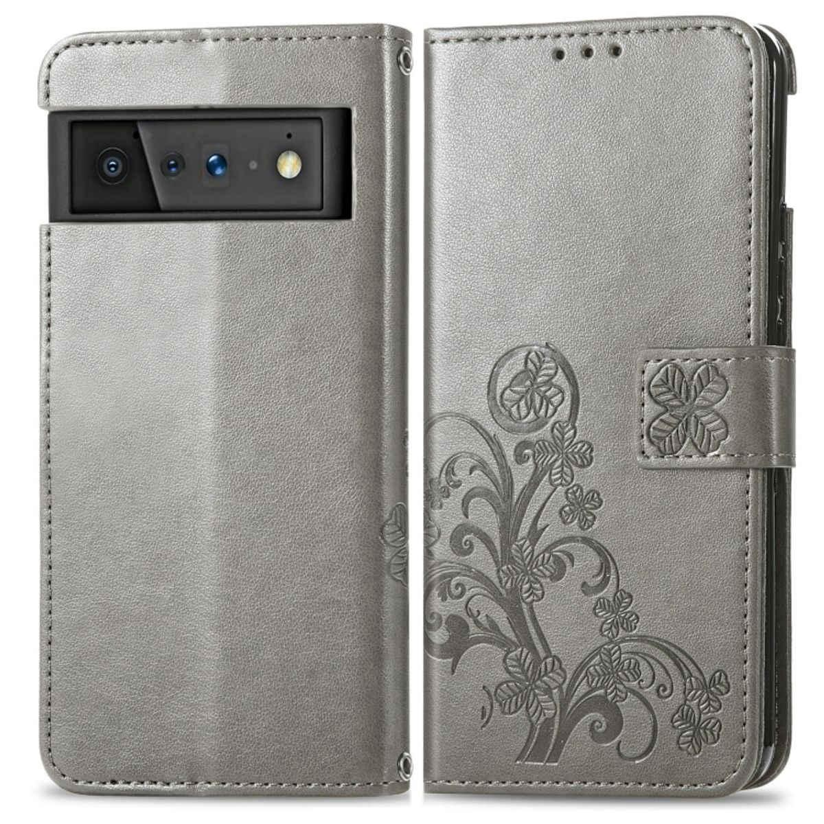 Graue Handyhülle mit floralem Design, offen. Der Hintergrund ist weiß.