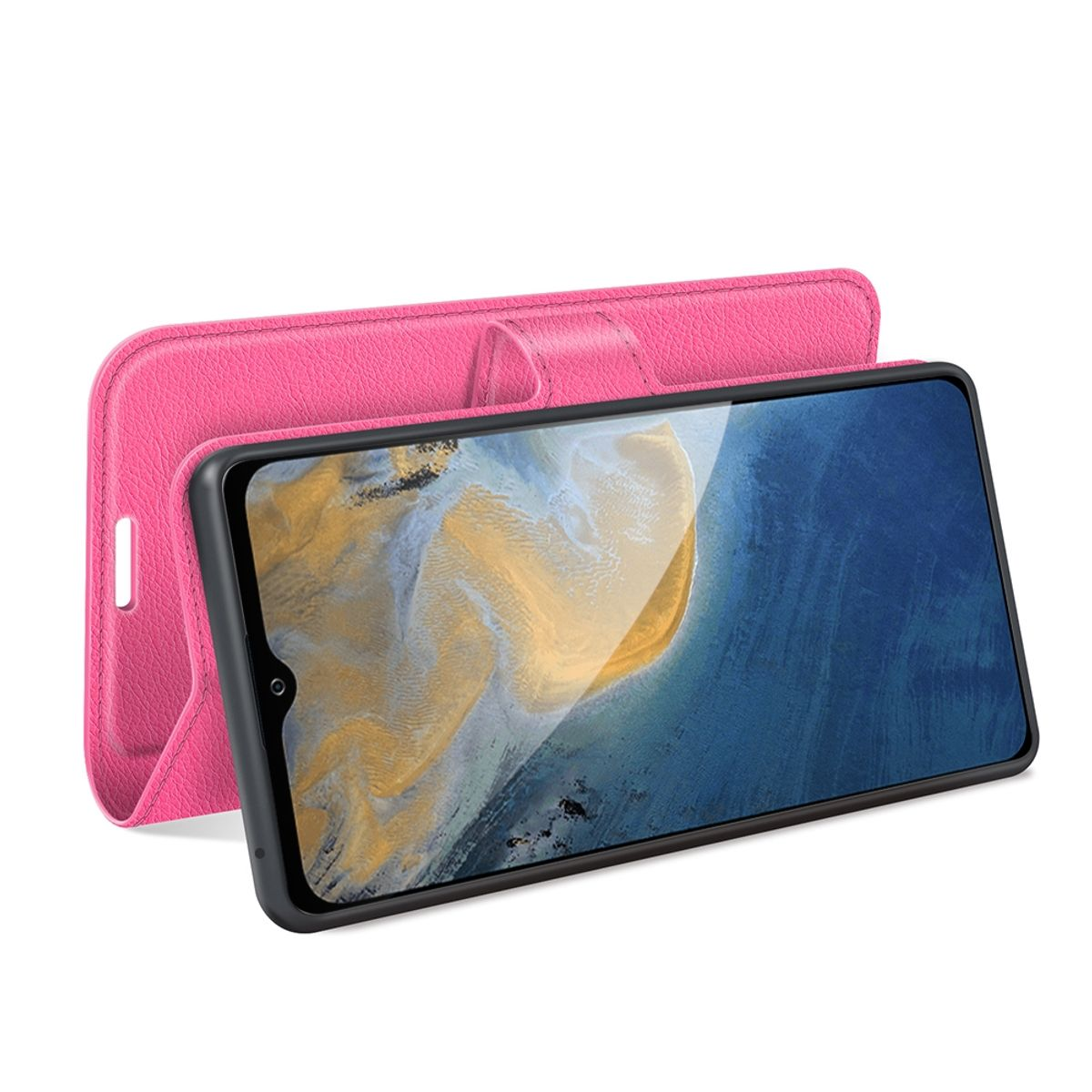 Rosa Handyhülle offen mit Telefon. Das Telefon ist angewinkelt. Der Hintergrund ist weiß.