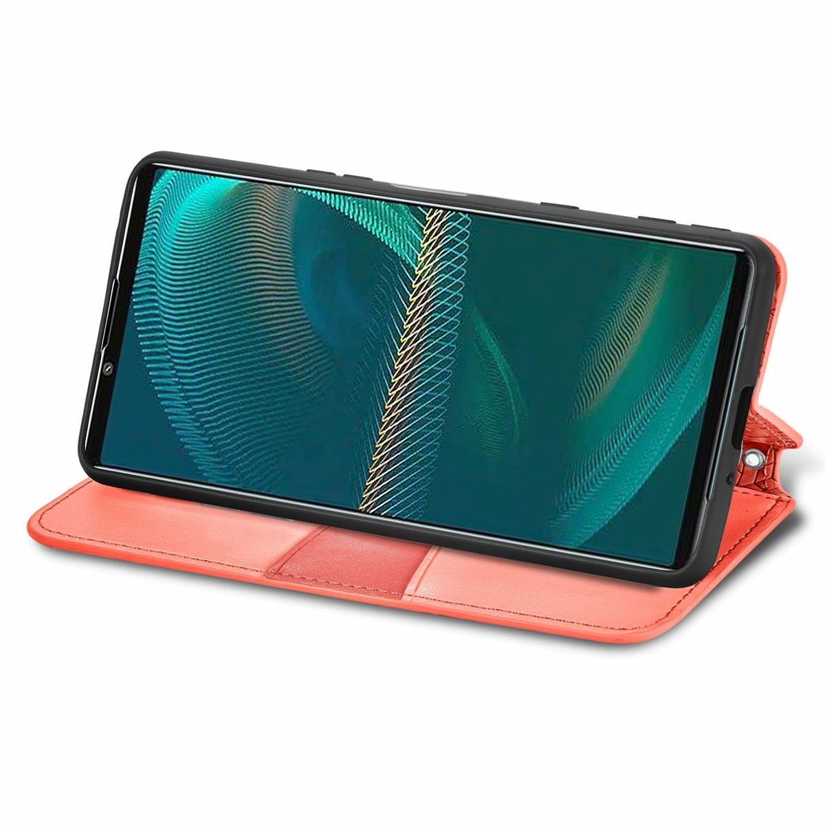 Offene Handyhülle mit einem Telefon, das ein farbenfrohes Bild anzeigt.