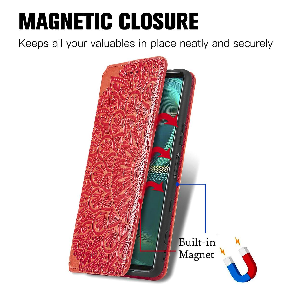 Rote Handyhülle offen, Mandala-Design zeigend. Der Text hebt den Magnetverschluss hervor.