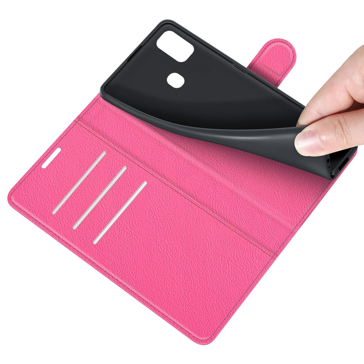 Rosa Handyhülle mit einer Hand, die das Telefon aus der Hülle nimmt. Innen hat Kartenfächer.