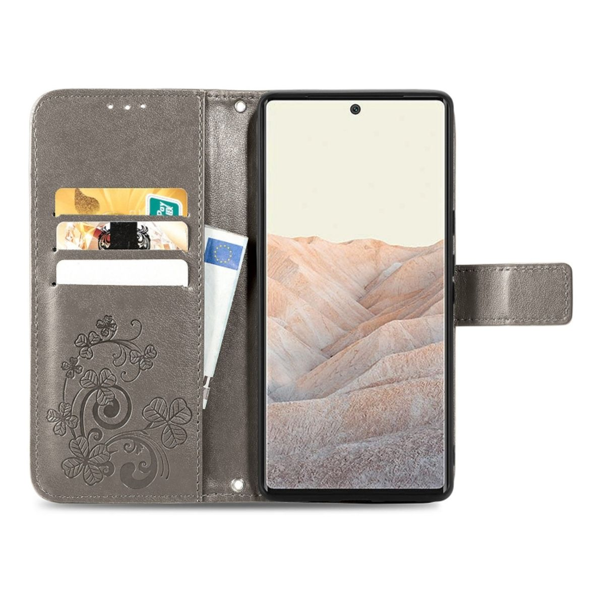 Graue Handyhülle, offen, Karten, einen Stift und ein Telefon haltend. Blumendesign und Karten sichtbar.