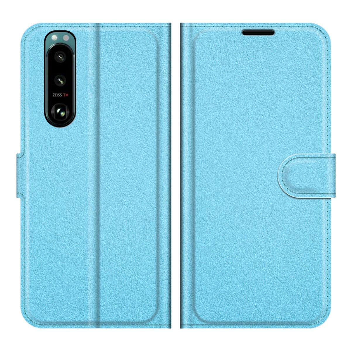 Eine hellblaue Handyhülle. Das Telefon ist geschlossen und aufrecht. Die Handyhülle hat eine Kamera.