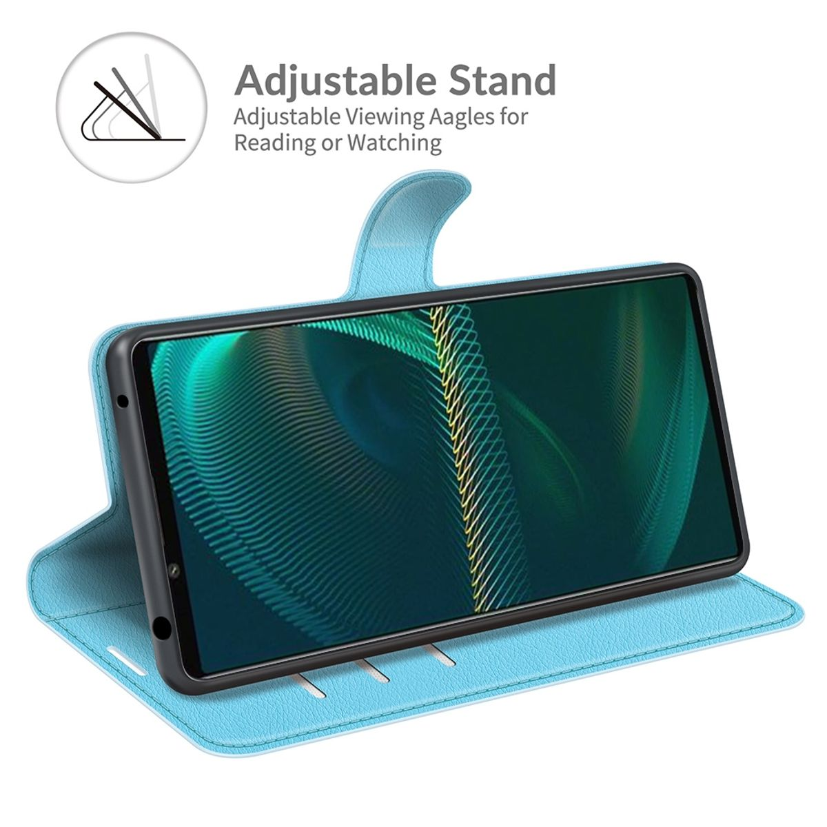 Blaue Handyhülle, offen, mit Telefon an Ort und Stelle. Telefon zeigt einen grün-blauen Farbverlauf.