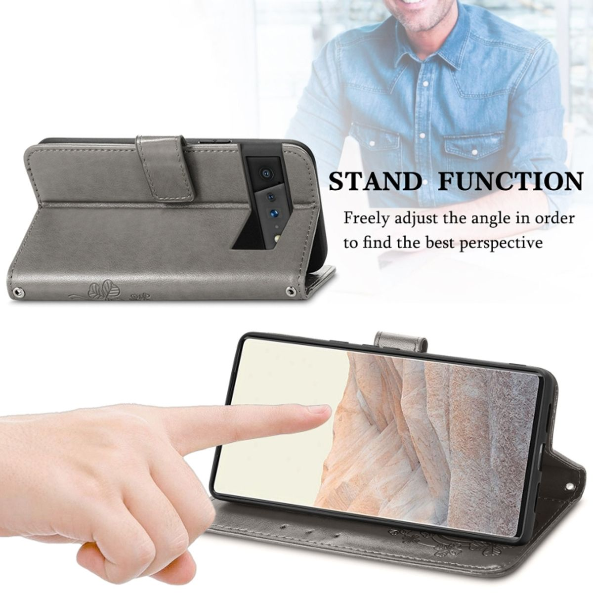 Graue Handyhülle, die ein Telefon in Standposition stützt, mit einer Hand.