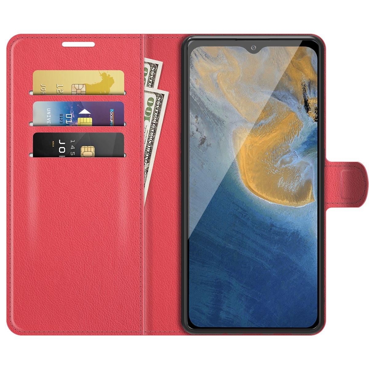 Rote Handyhülle offen mit Karten, Geld und Telefon. Telefon rechts, zeigt das Display.
