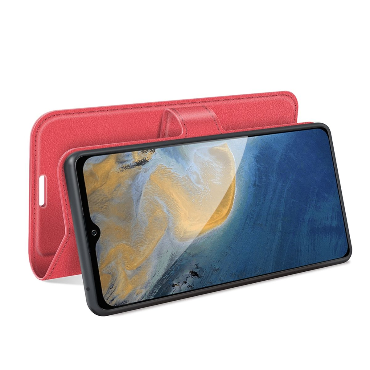 Rote Handyhülle, offen, mit Telefon. Rotes Leder. Telefon ist nach rechts geneigt.