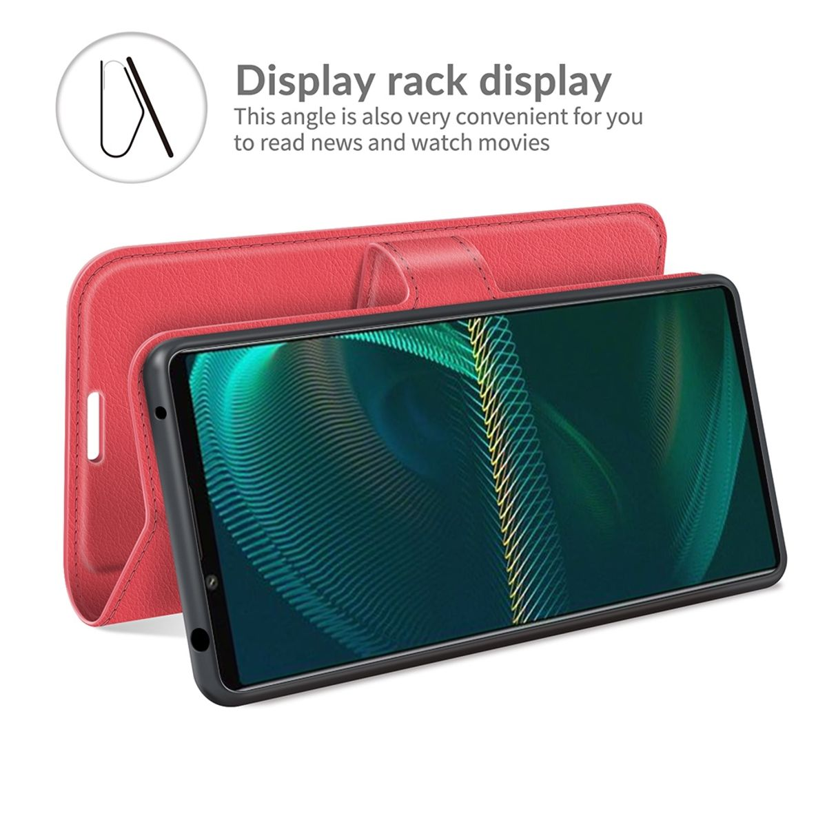Rote Handyhülle. Telefon darin, mit Text zum Display-Rack.