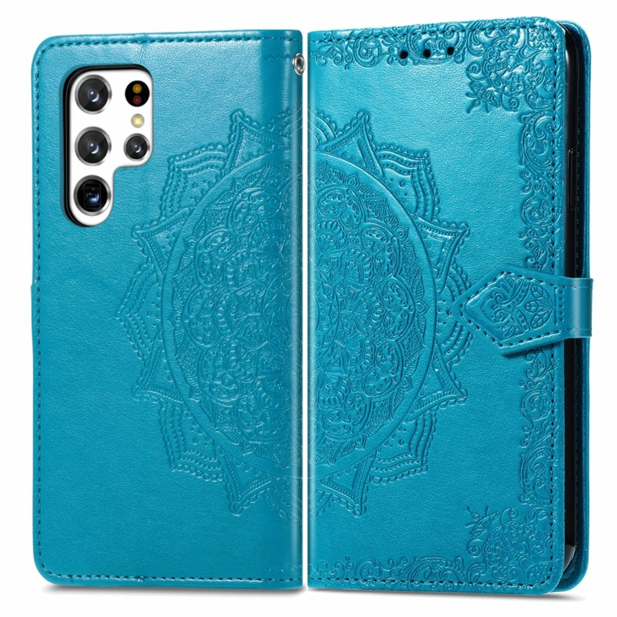 Eine blaue Handyhülle ist geöffnet und zeigt ein Blumendesign. Das Telefon ist nicht darin.