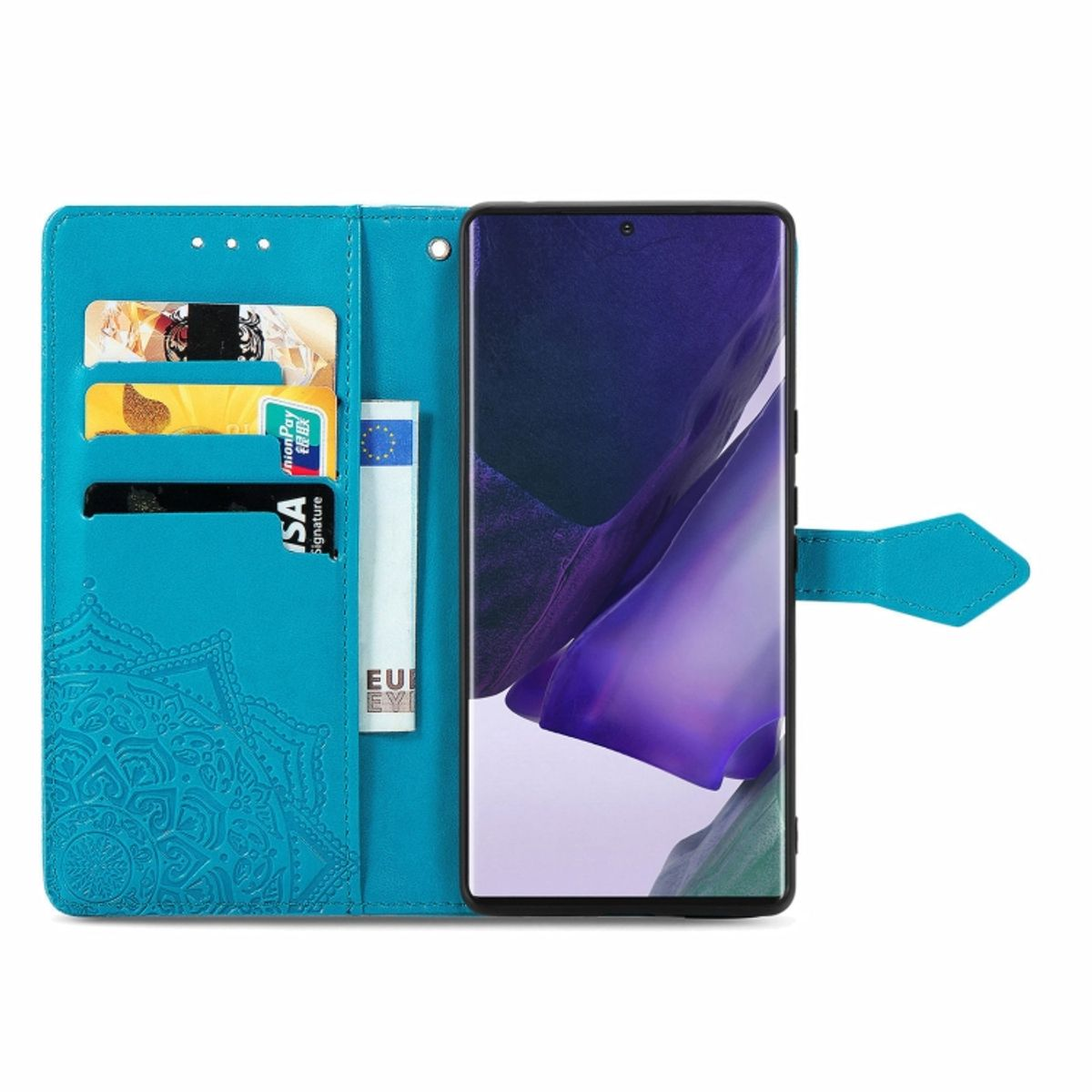 Türkis Handyhülle, offen, Karten und ein Telefon haltend. Mandala-Design und Karten sichtbar.
