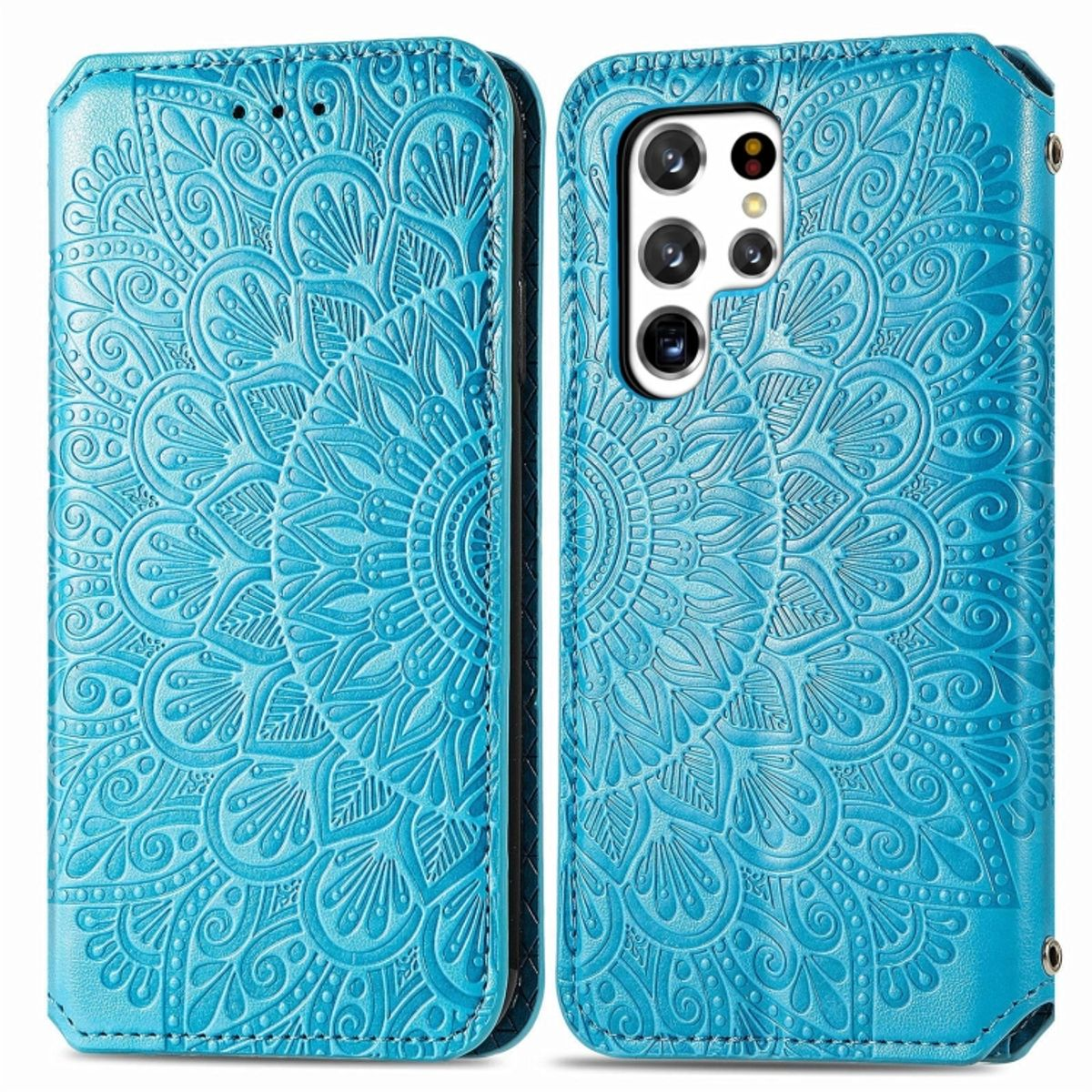 Blaue Handyhülle mit gemustertem Design. Offene Handyhülle, mit Telefon darin. Detailliertes Blumenmuster.