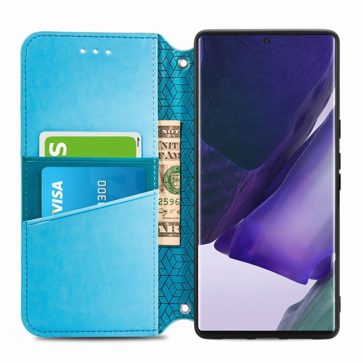 Blaue Handyhülle, offen, mit Karten, Geld und Telefon. Der Hintergrund ist weiß.
