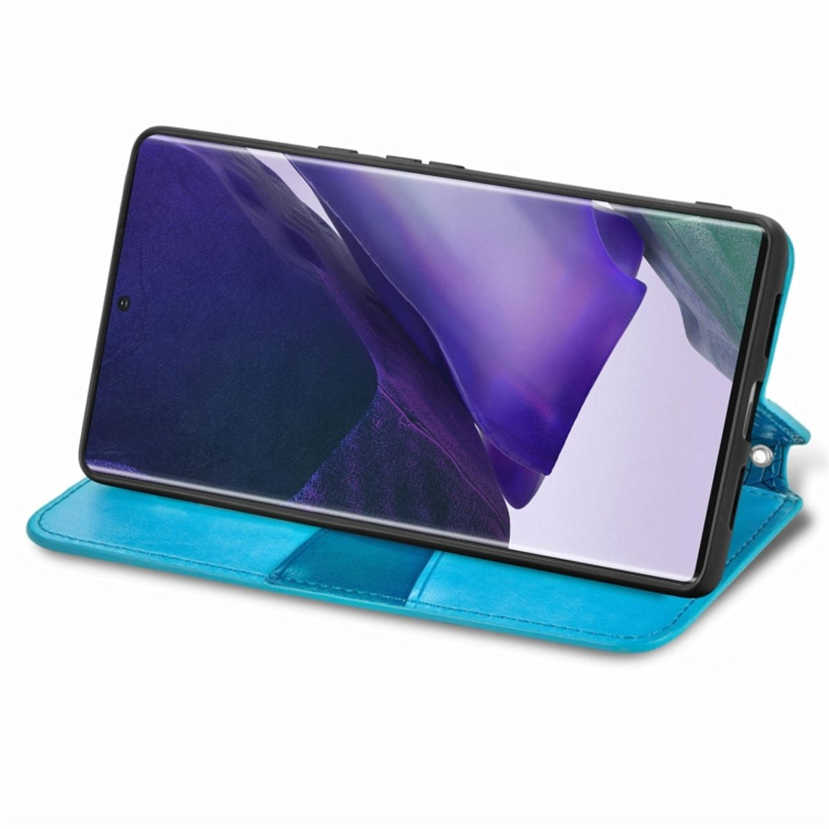 Blau-türkisfarbene Handyhülle, offen, mit Telefon. Die Hülle wird als Ständer verwendet.