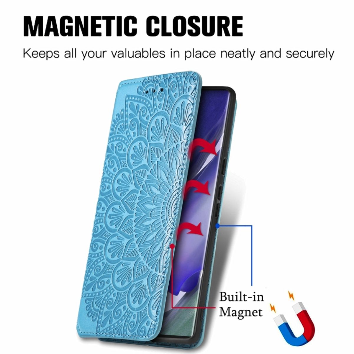 Blaue Handyhülle mit Blumenmuster. Geöffnet, mit Telefon. Magnete gezeigt.