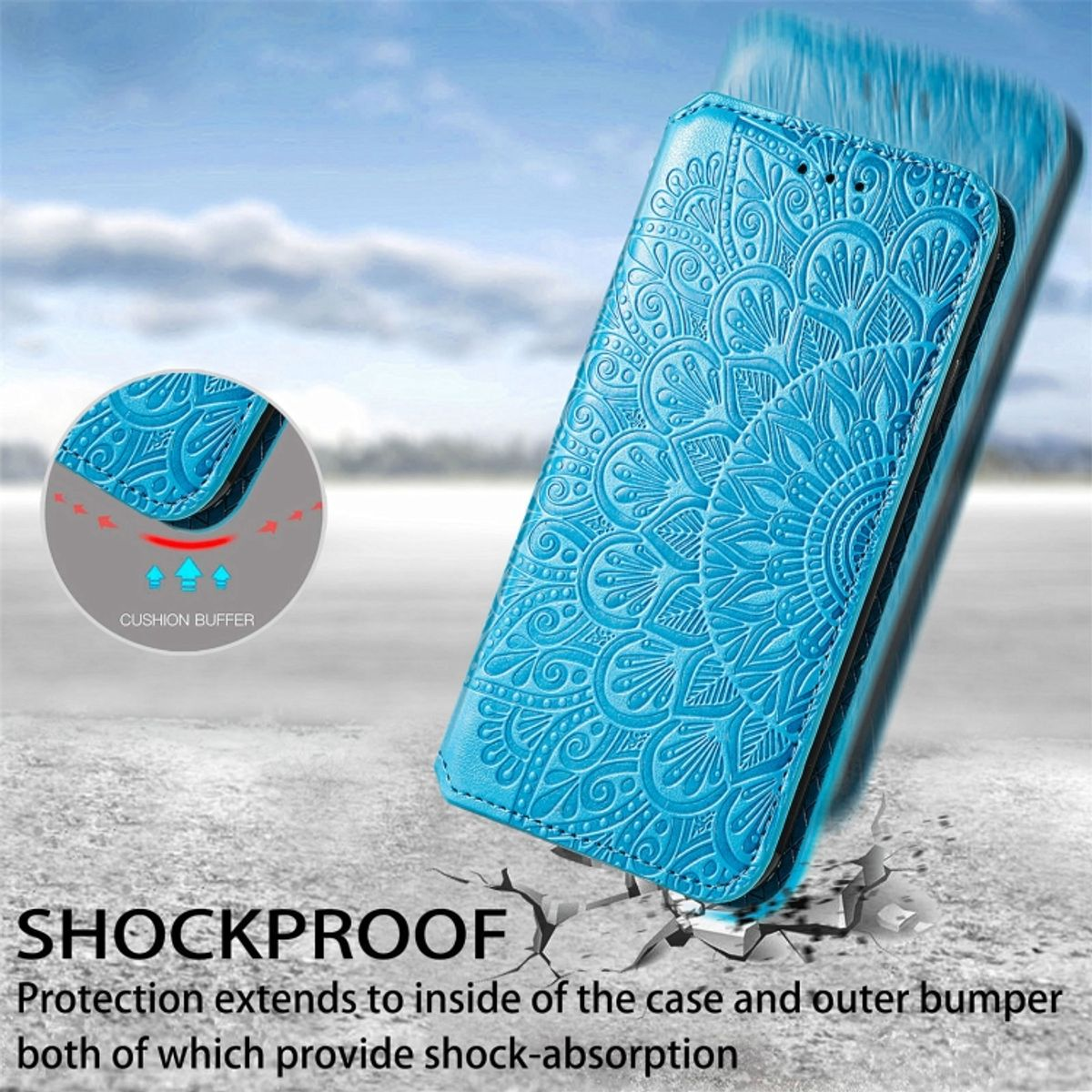 Blaue Handyhülle mit detailliertem Blumendesign und Stoßschutz-Hinweis.