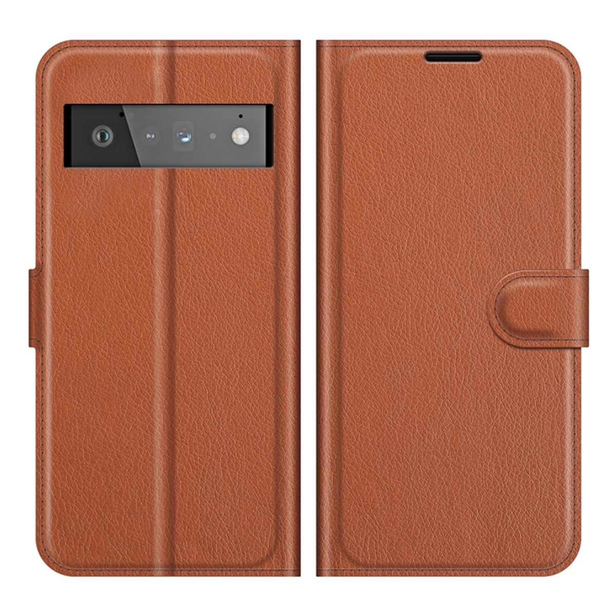Braune Leder-Handyhülle, geschlossen. Zeigt Dual-Kameras auf der Rückseite. Einfaches Design.