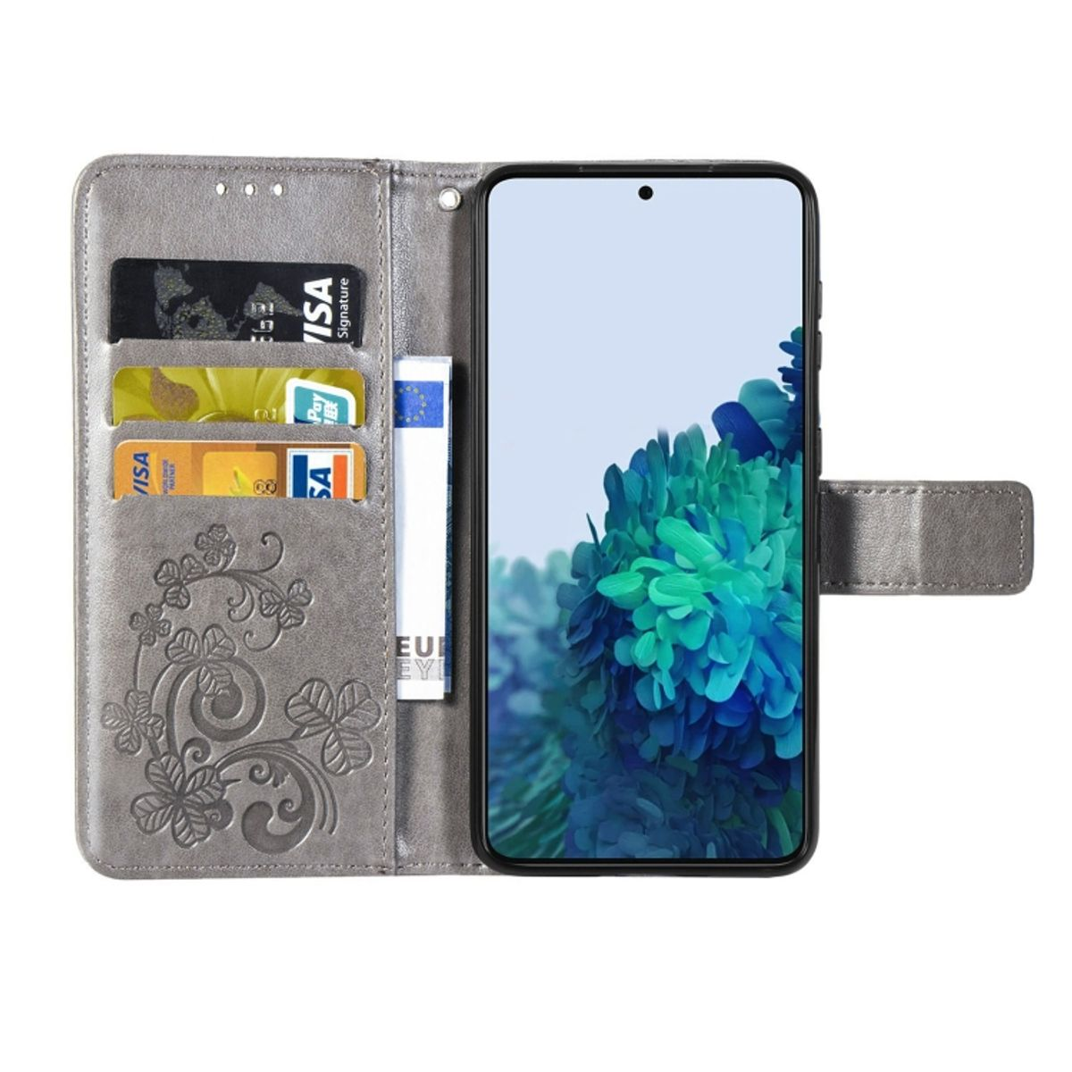 Graue Handyhülle mit Karten und einem Telefon, mit floralem Design und mehreren Kartenfächern.