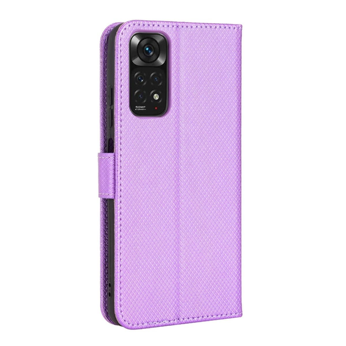 Geschlossene lila Handyhülle. Das Telefon ist drin. Die Hülle ist strukturiert.