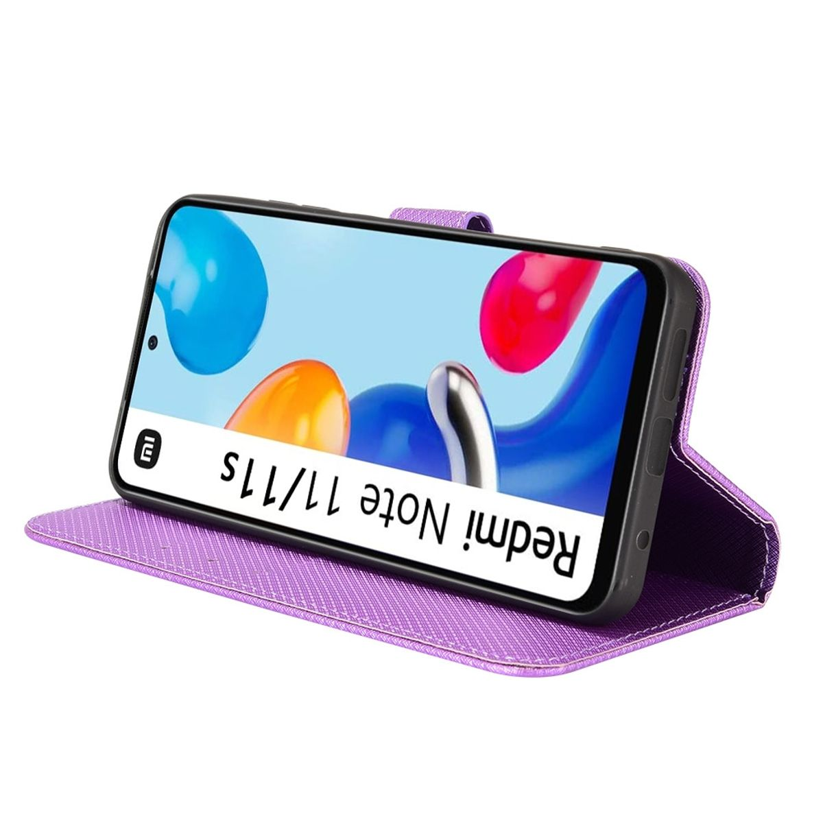 Lila Handyhülle, ein Telefon zeigt Redmi Note 11/11s, offen.