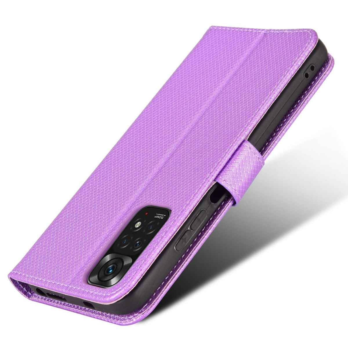 Lila Handyhülle mit Handy, weißer Hintergrund.