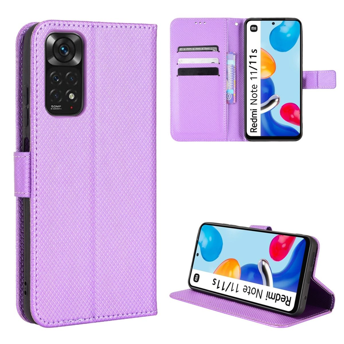Lila Handyhülle mit Telefon, offen. Zwei Telefone angezeigt, Text: Redmi Note 11/11s.