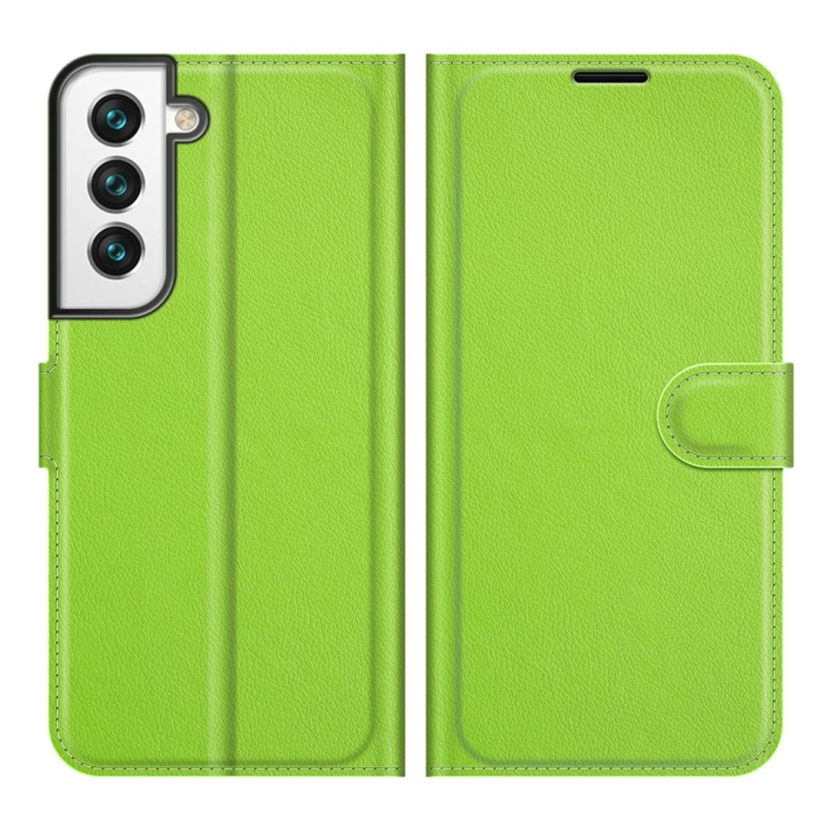 Grüne Handyhülle offen. Telefonkameras links sichtbar. Knopf rechts.