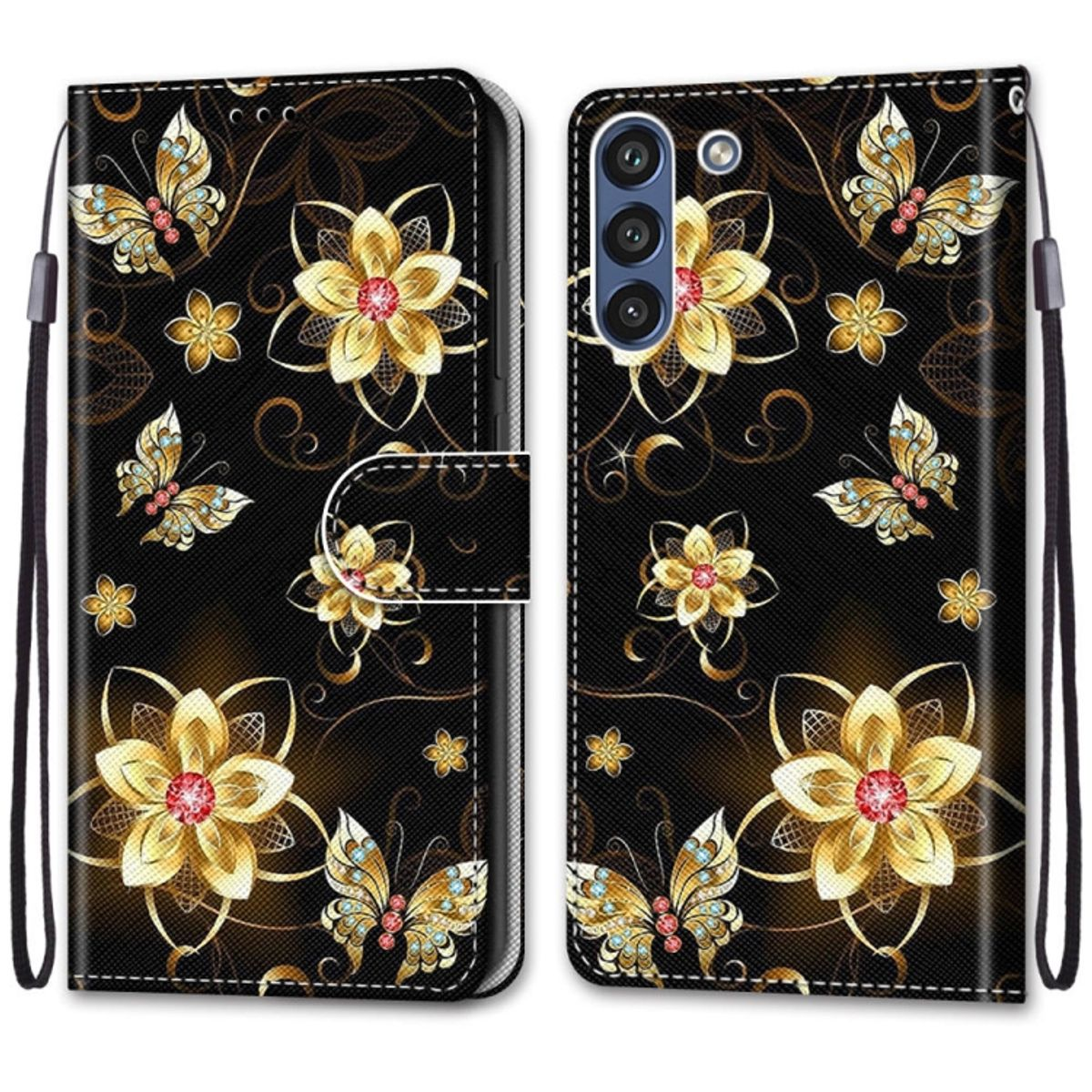 Schwarze Handyhülle mit goldenem Blumendesign. Offen, Telefon zeigend. Goldene Schmetterlinge. Schwarzer Hintergrund.