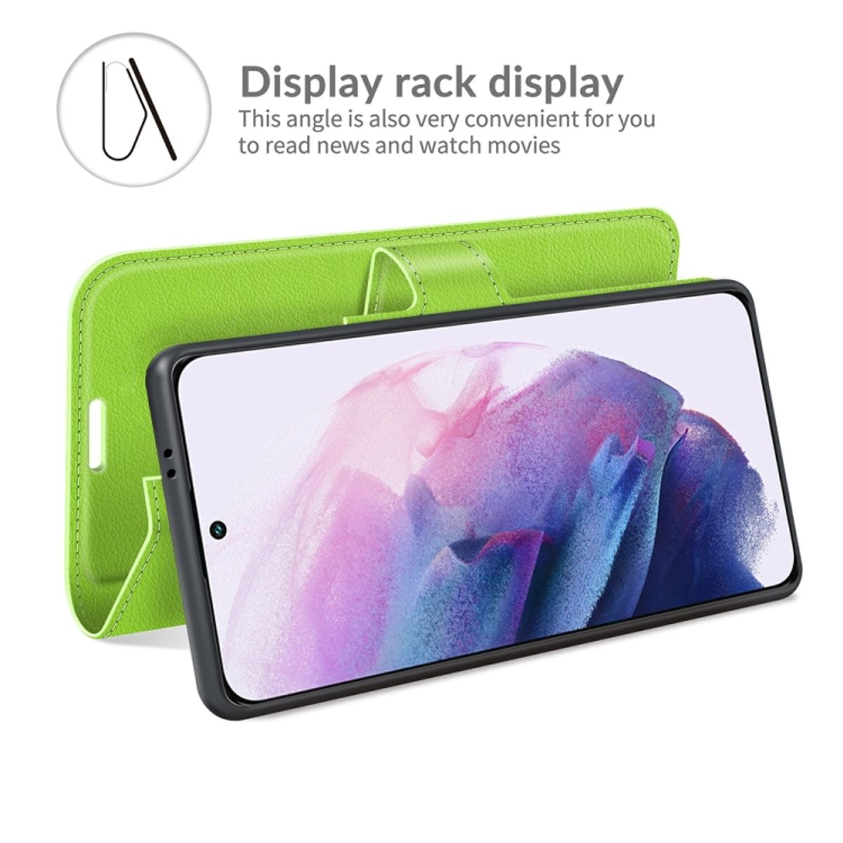 Grüne Handyhülle offen, Telefon zur Anzeige geneigt. Weißer Hintergrund. Text: Display-Rack-Anzeige.