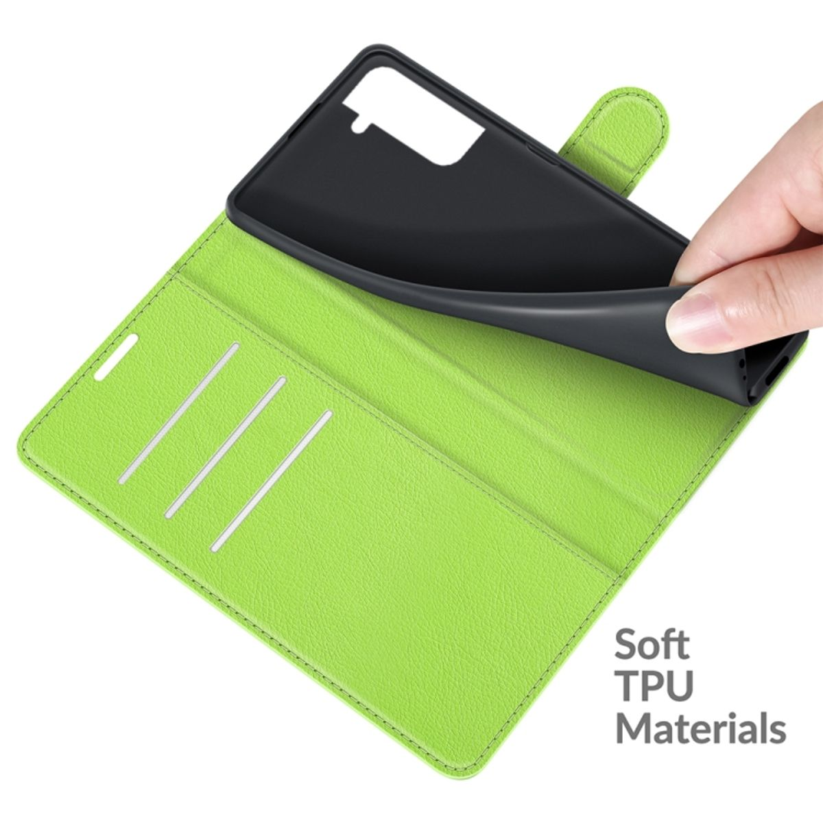 Grüne Handyhülle offen, zeigt ein schwarzes Telefon und Text 'Soft TPU Materials'.