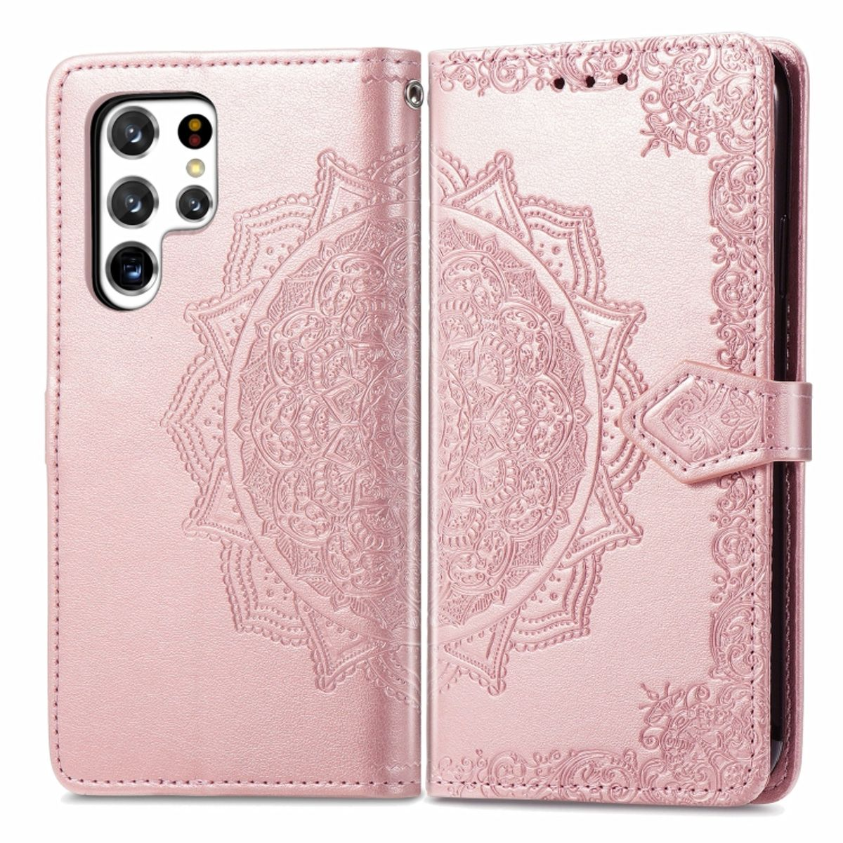 Offene, pinkfarbene Handyhülle, Mandala-Design. Verzierungen, Verschluss, Samsung-Telefon.